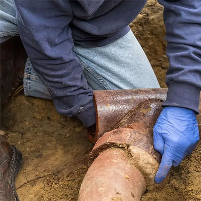 Worker inspecting sewer pipe