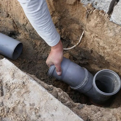 Hand holding on to sewer junction pipe