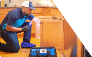 Z PLUMBERS worker kneeling and shining light under cabinet