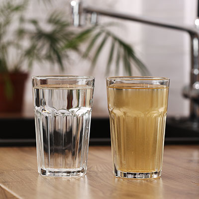 Two glasses on table showing one with clean water and one with dirty water